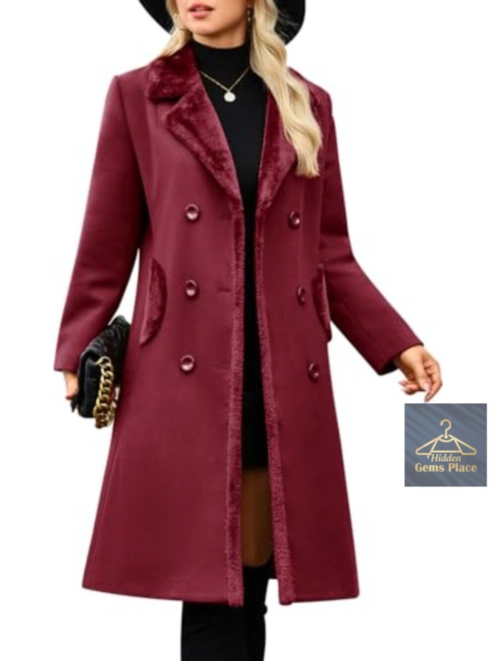 Women's Double Breasted Pea Coat with Faux Fur Collar Winter Warm